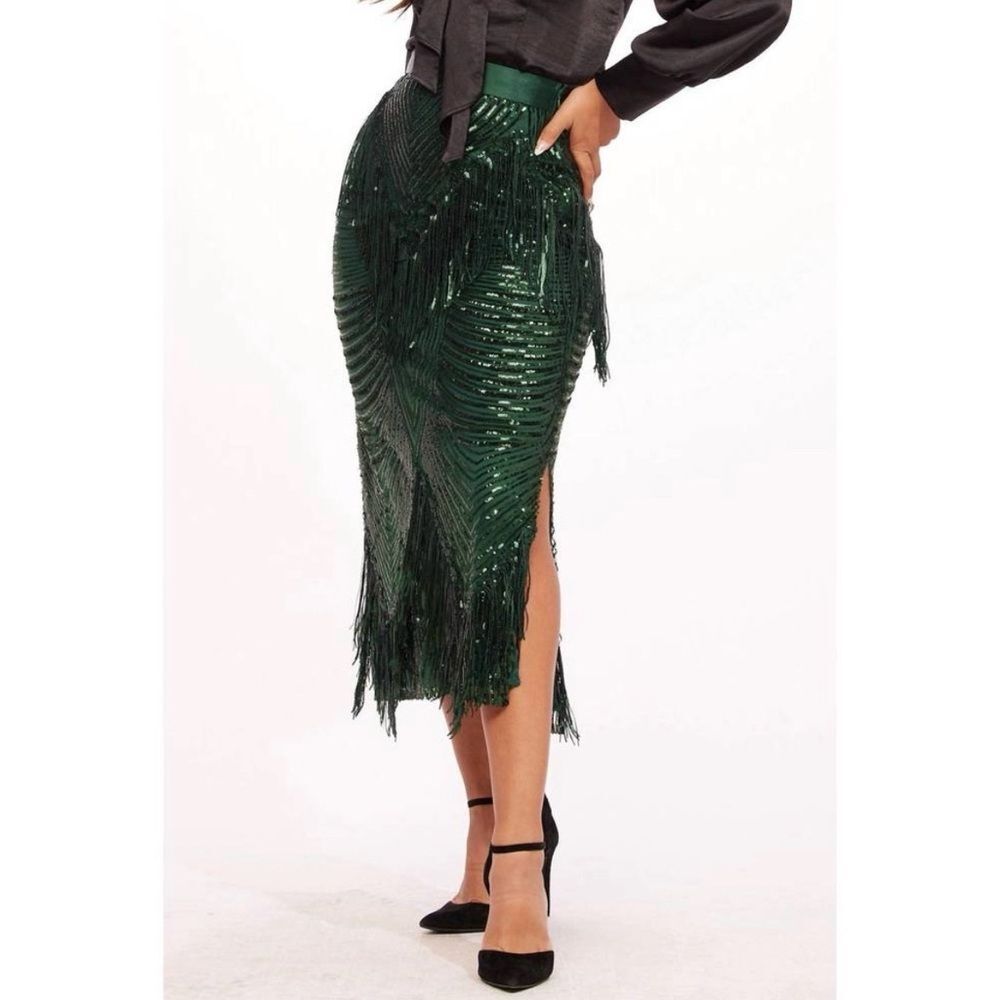 Eva Franco‎ Slim Sequin Skirt Green Fringe Women’s 6 Midi